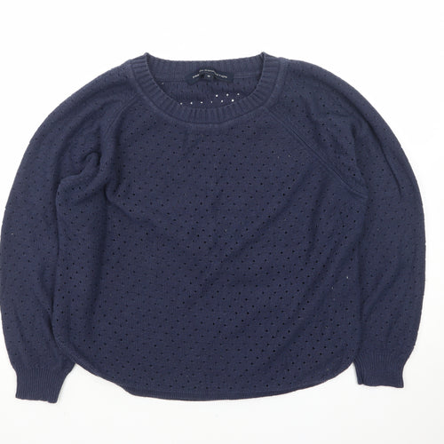 French Connection Women Blue M Open-Knit Cotton Jumper