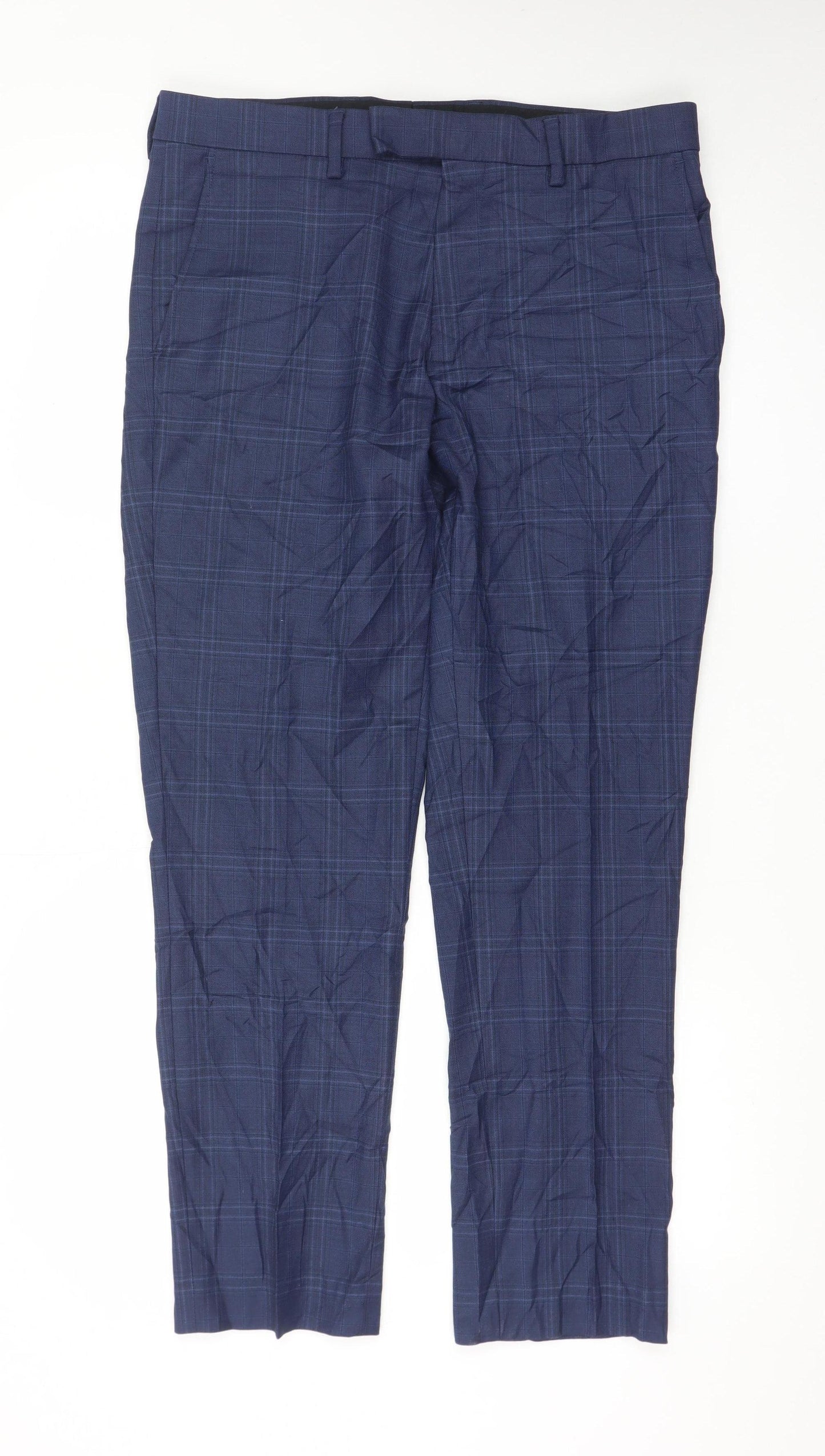 Marks and Spencer Men's Blue Check Slim Fit Formal Trousers 32W 29L