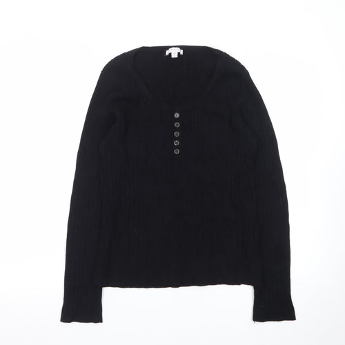 Warehouse Women's Black Henley Jumper Size 16 Long Sleeve Cotton Knit