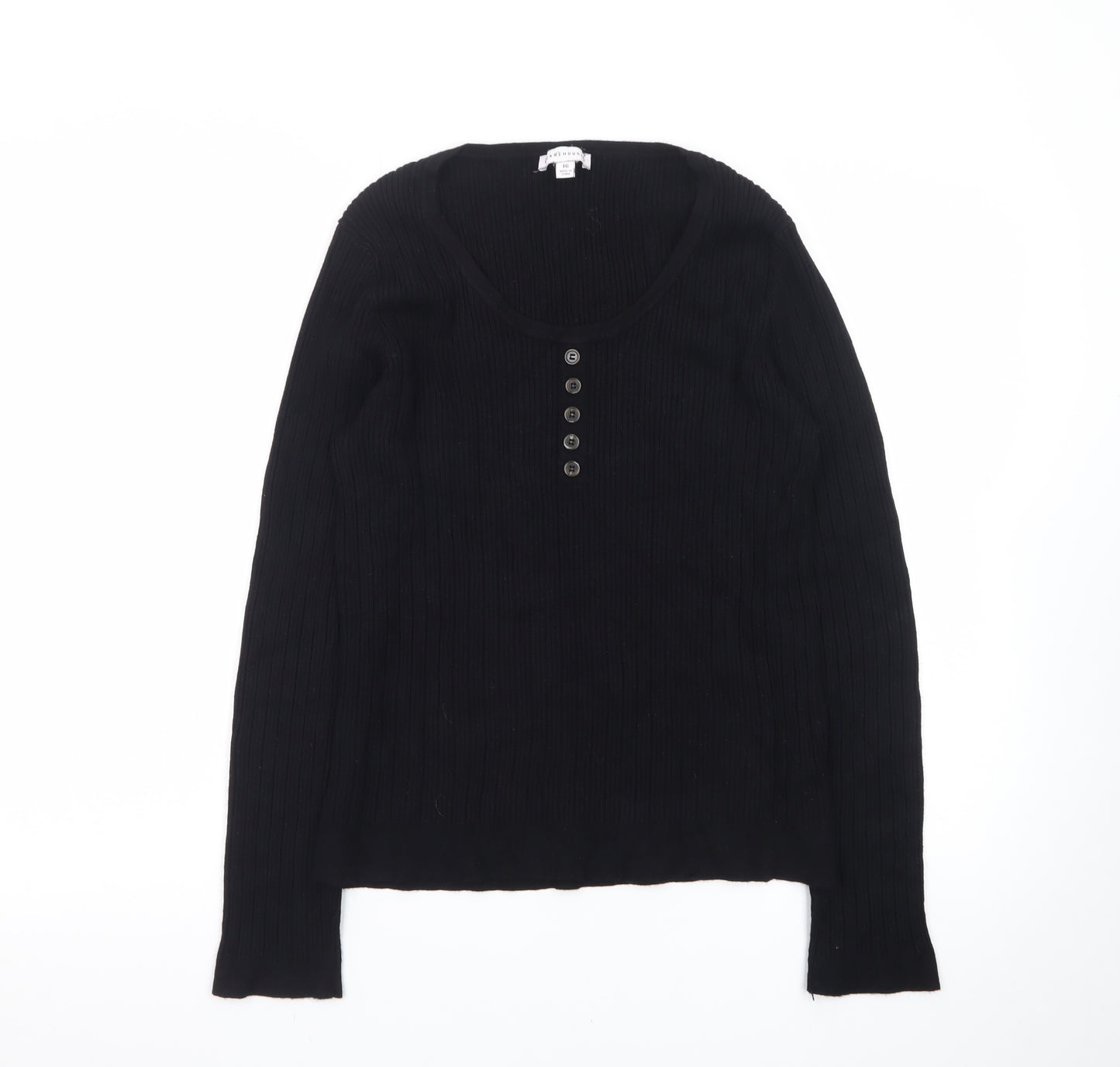 Warehouse Women's Black Henley Jumper Size 16 Long Sleeve Cotton Knit