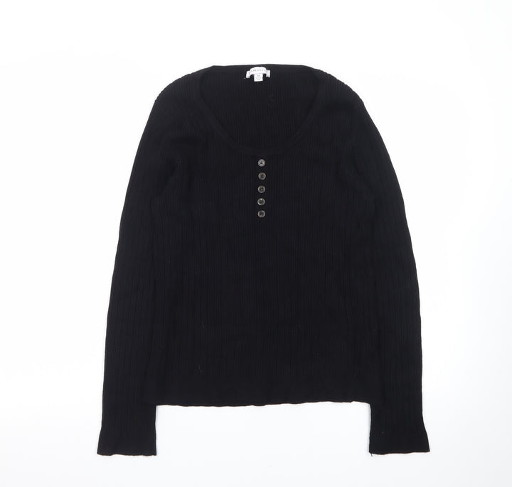 Warehouse Women's Black Henley Jumper Size 16 Long Sleeve Cotton Knit