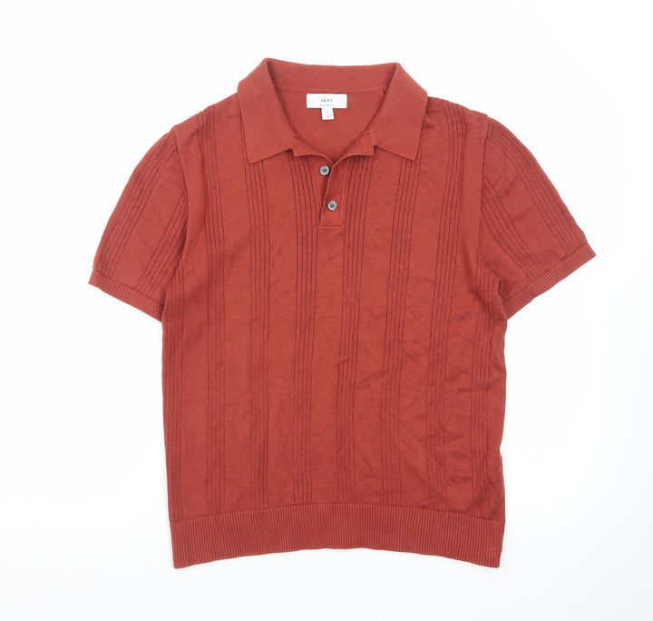Next Men's Red Knit Polo Shirt Size S Short Sleeve Cotton Blend