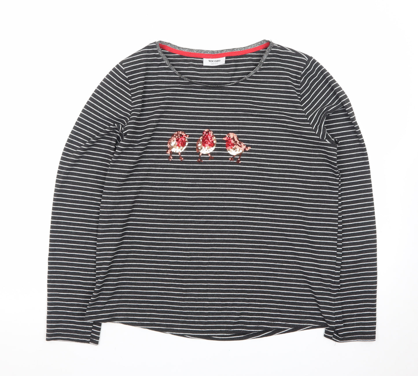 Nocozo Womens Black Striped Sequin Bird Long Sleeve T-Shirt UK 14