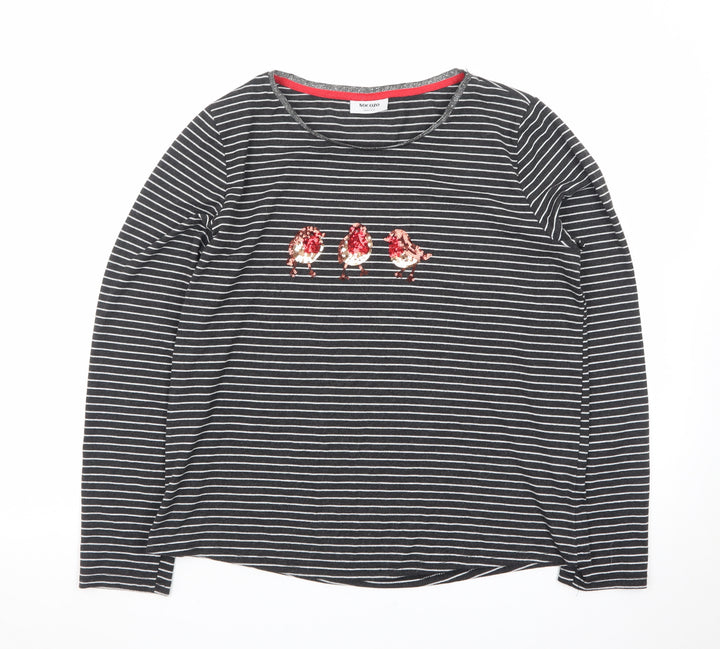 Nocozo Womens Black Striped Sequin Bird Long Sleeve T-Shirt UK 14