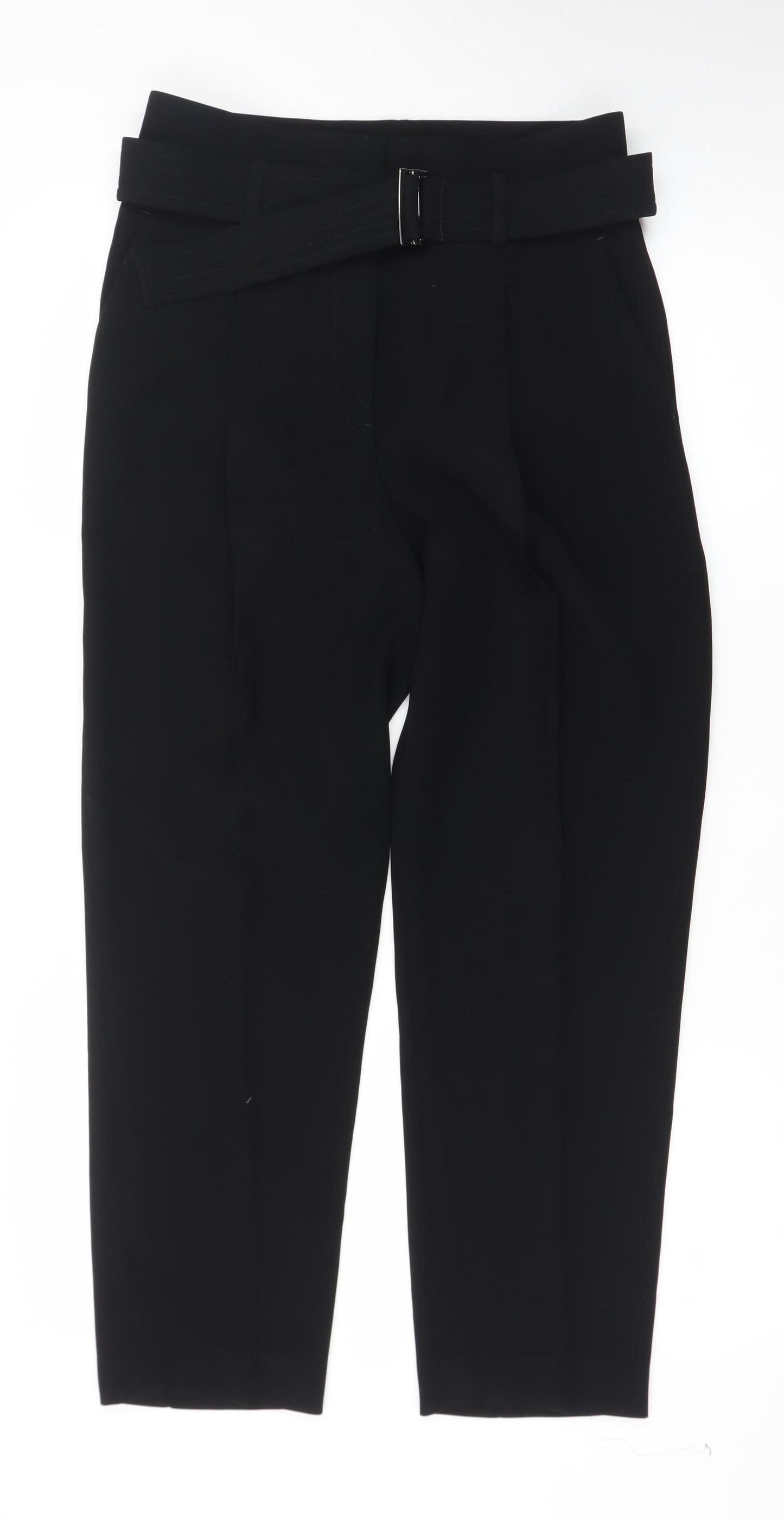 Reiss Women Black Cropped Belted Tapered Tailored Trousers UK 6