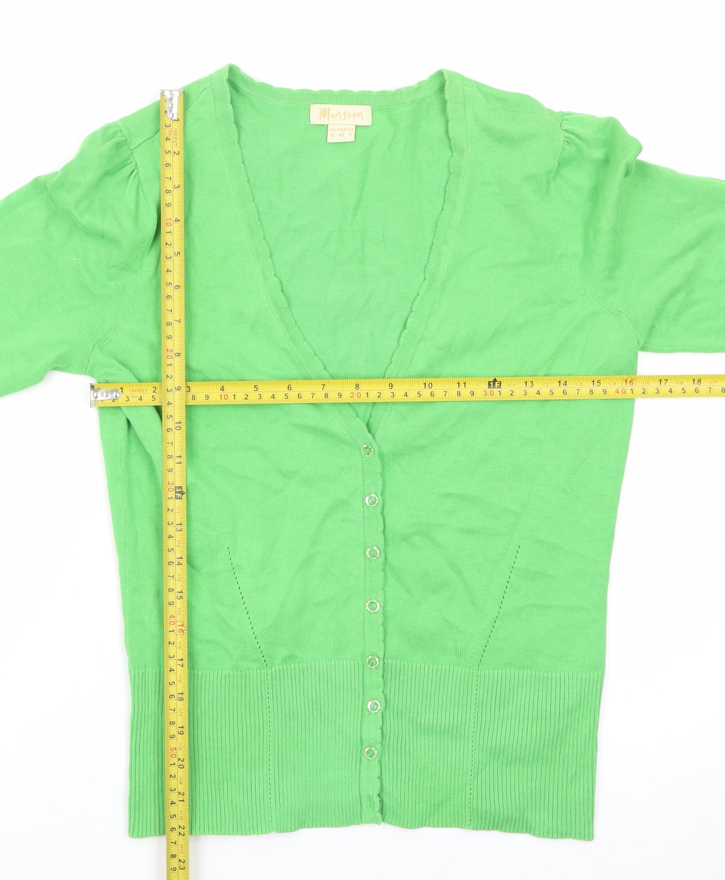 Monsoon Women Green Cotton V-Neck Button Cardigan Size 12