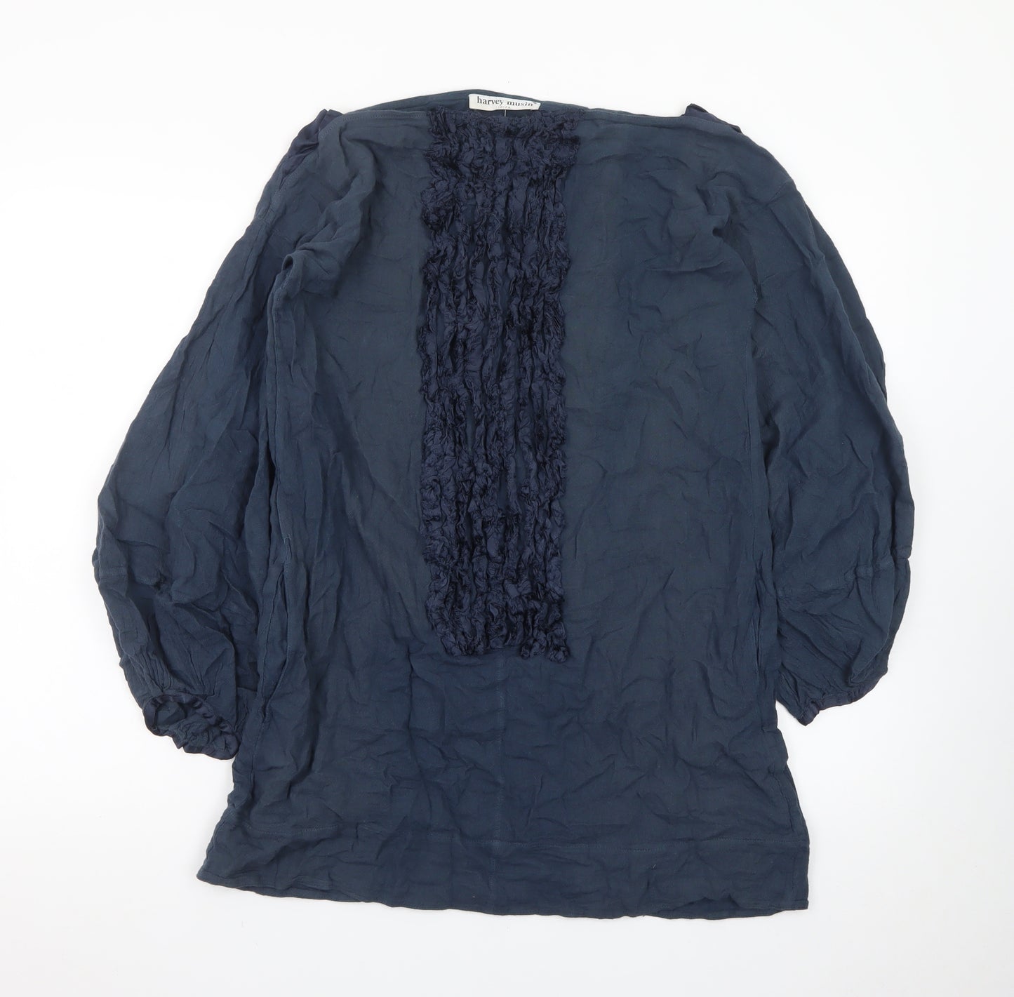 Harvey Musin Ibiza Blue Cotton Shift Dress Women’s M Boho Ruffle Long Sleeve