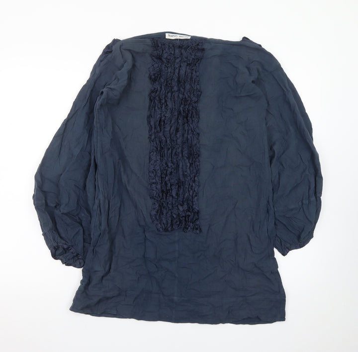 Harvey Musin Ibiza Blue Cotton Shift Dress Women’s M Boho Ruffle Long Sleeve