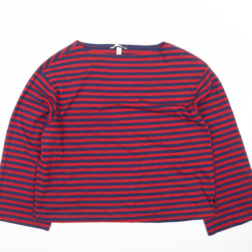 H&M Men's Red and Navy Striped Long Sleeve Cotton T-Shirt Size S