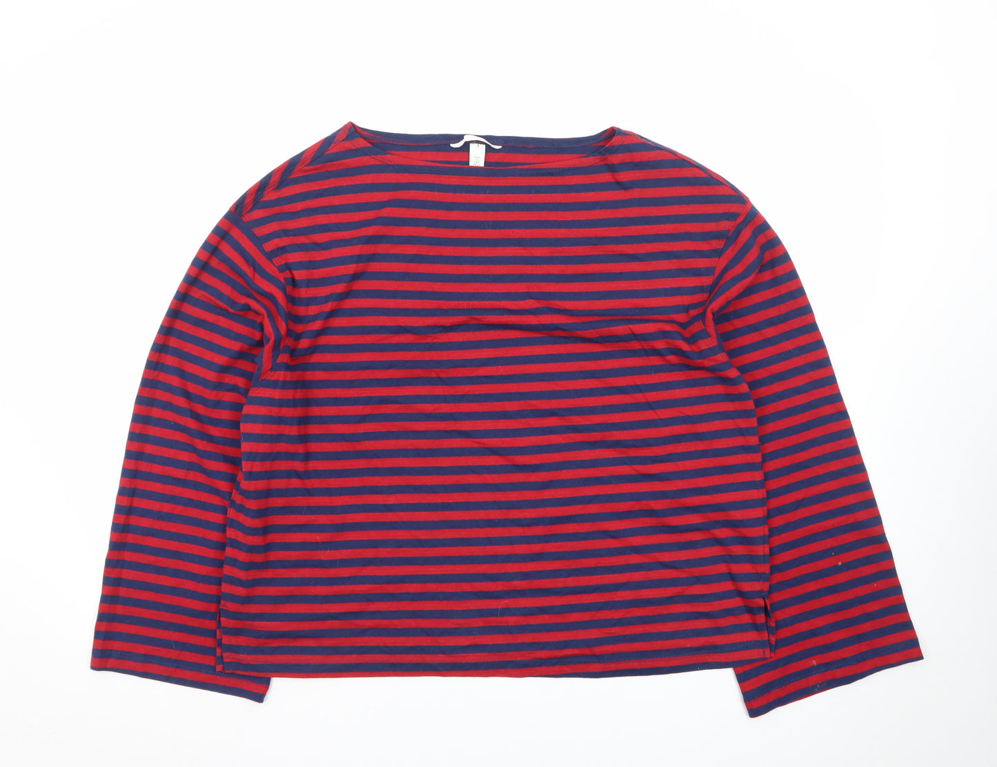 H&M Men's Red and Navy Striped Long Sleeve Cotton T-Shirt Size S