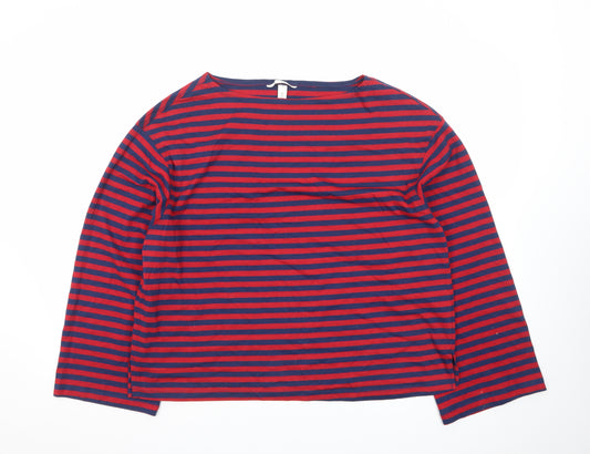 H&M Men's Red and Navy Striped Long Sleeve Cotton T-Shirt Size S