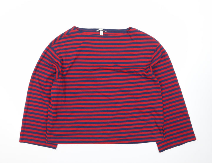H&M Men's Red and Navy Striped Long Sleeve Cotton T-Shirt Size S