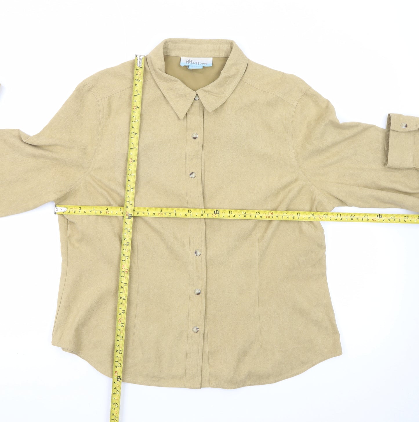 Monsoon Women Beige Suede Button-Up Long Sleeve Shirt Size 18