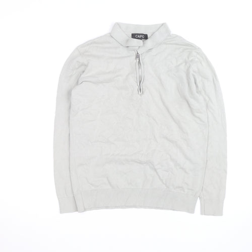 CAPO Men's Grey Cotton Half Zip Long Sleeve Casual Top Size M