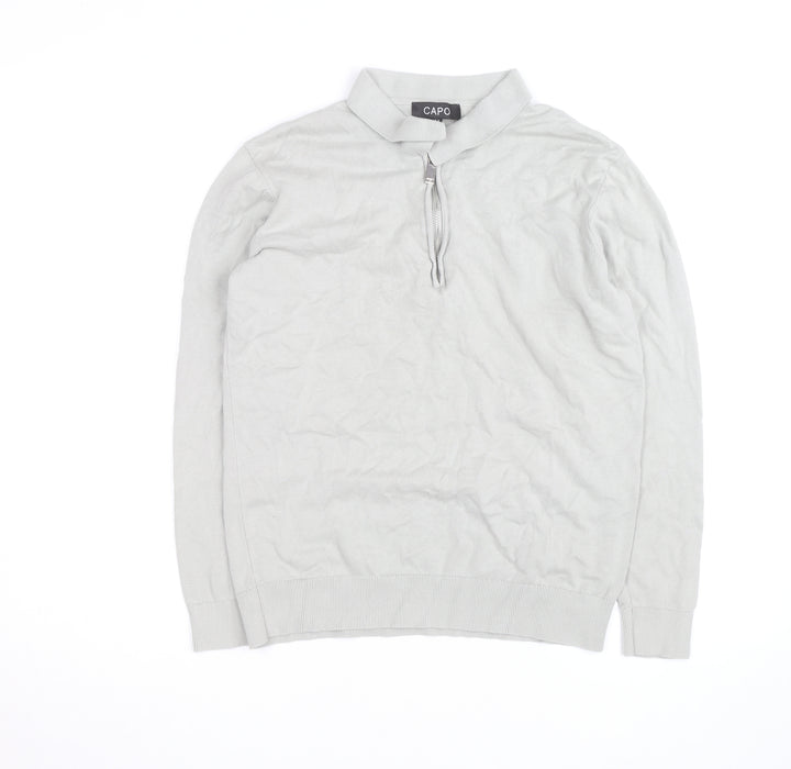 CAPO Men's Grey Cotton Half Zip Long Sleeve Casual Top Size M