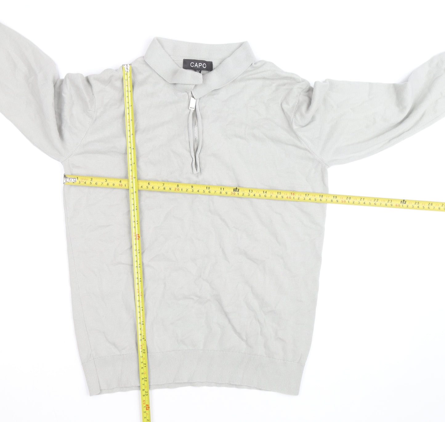 CAPO Men's Grey Cotton Half Zip Long Sleeve Casual Top Size M