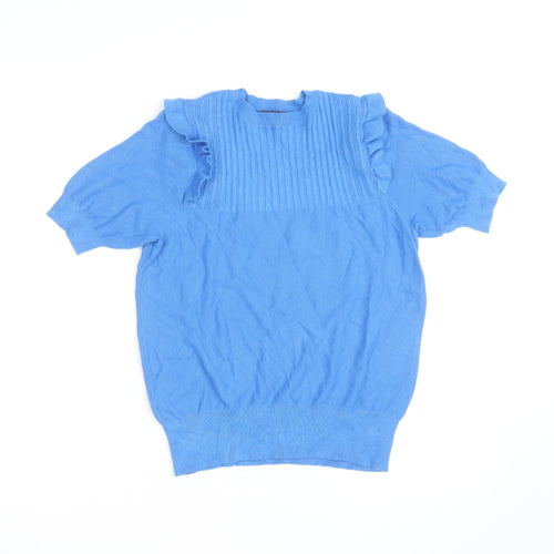 Marks and Spencer Women's Blue Short Sleeve Ruffle Knit Jumper Size M