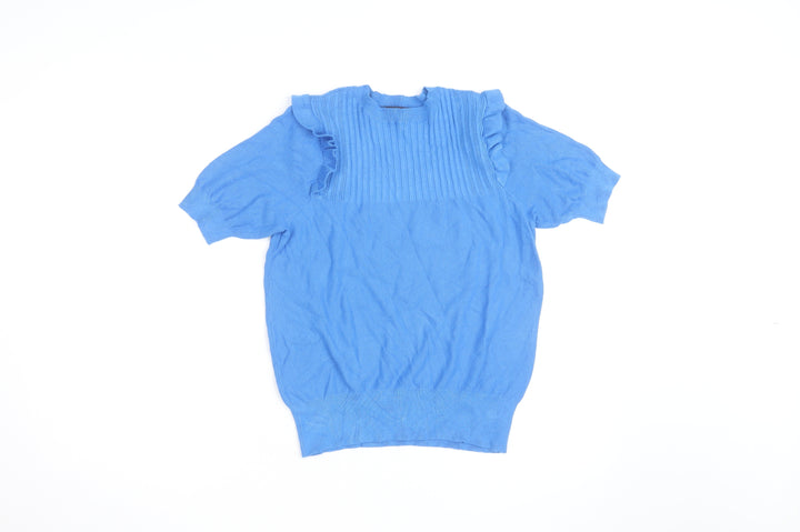 Marks and Spencer Women's Blue Short Sleeve Ruffle Knit Jumper Size M