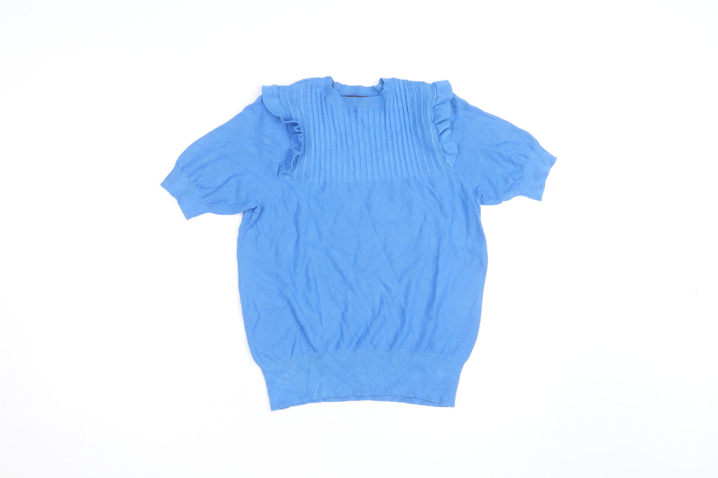 Marks and Spencer Women's Blue Short Sleeve Ruffle Knit Jumper Size M