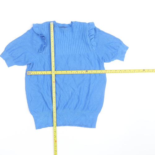 Marks and Spencer Women's Blue Short Sleeve Ruffle Knit Jumper Size M