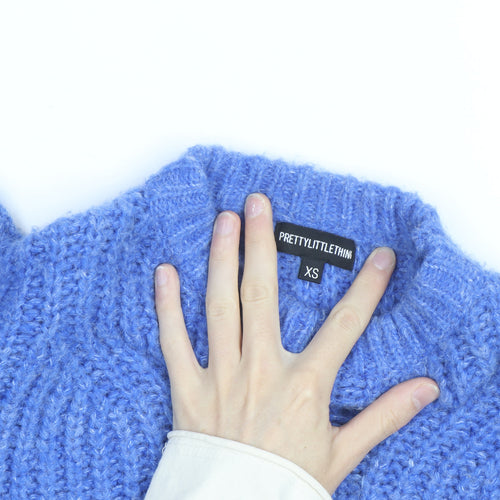 PrettyLittleThing Women Blue Chunky Knit Puff Sleeve Jumper XS