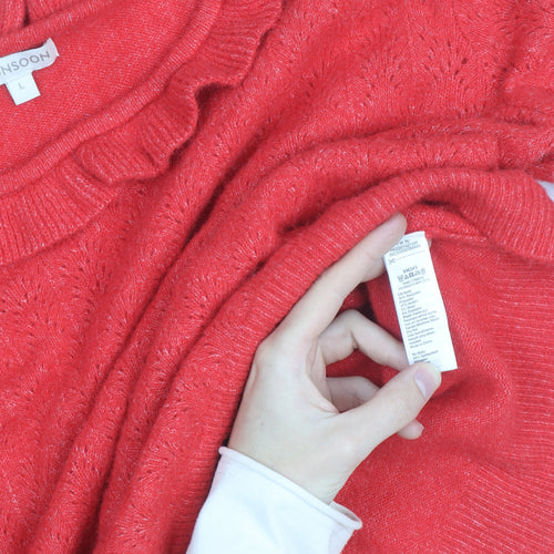 Monsoon Red Alpaca Wool Blend Ruffle Neck Jumper L Unisex