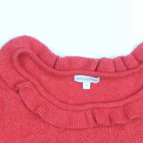 Monsoon Red Alpaca Wool Blend Ruffle Neck Jumper L Unisex