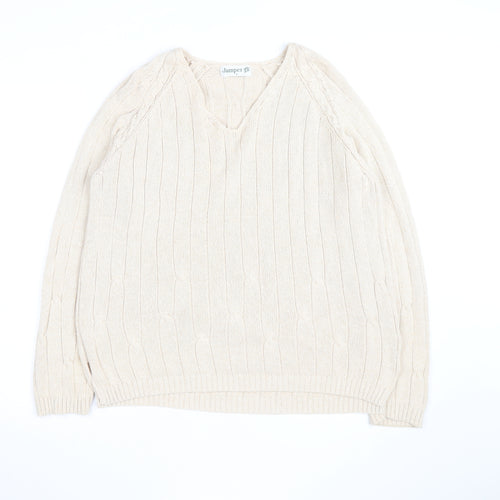 Jumper Men's Beige Cotton V-Neck Cable-Knit Pullover L