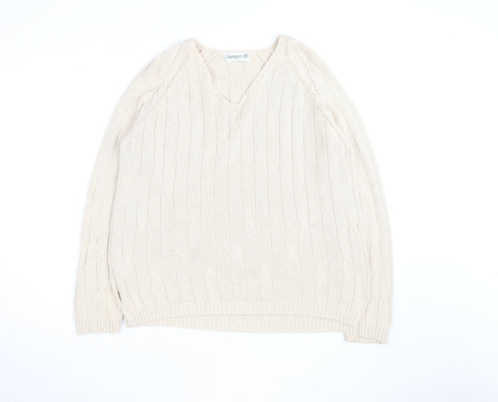 Jumper Men's Beige Cotton V-Neck Cable-Knit Pullover L