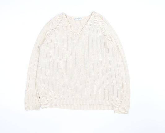Jumper Men's Beige Cotton V-Neck Cable-Knit Pullover L