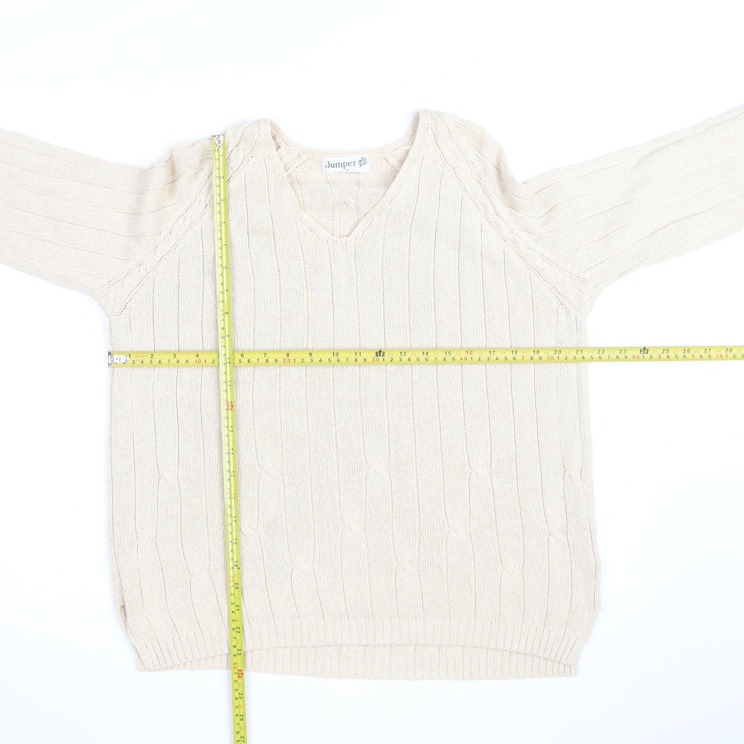 Jumper Men's Beige Cotton V-Neck Cable-Knit Pullover L