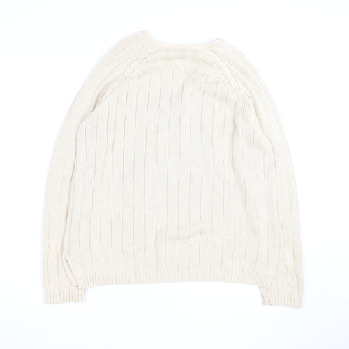 Jumper Men's Beige Cotton V-Neck Cable-Knit Pullover L
