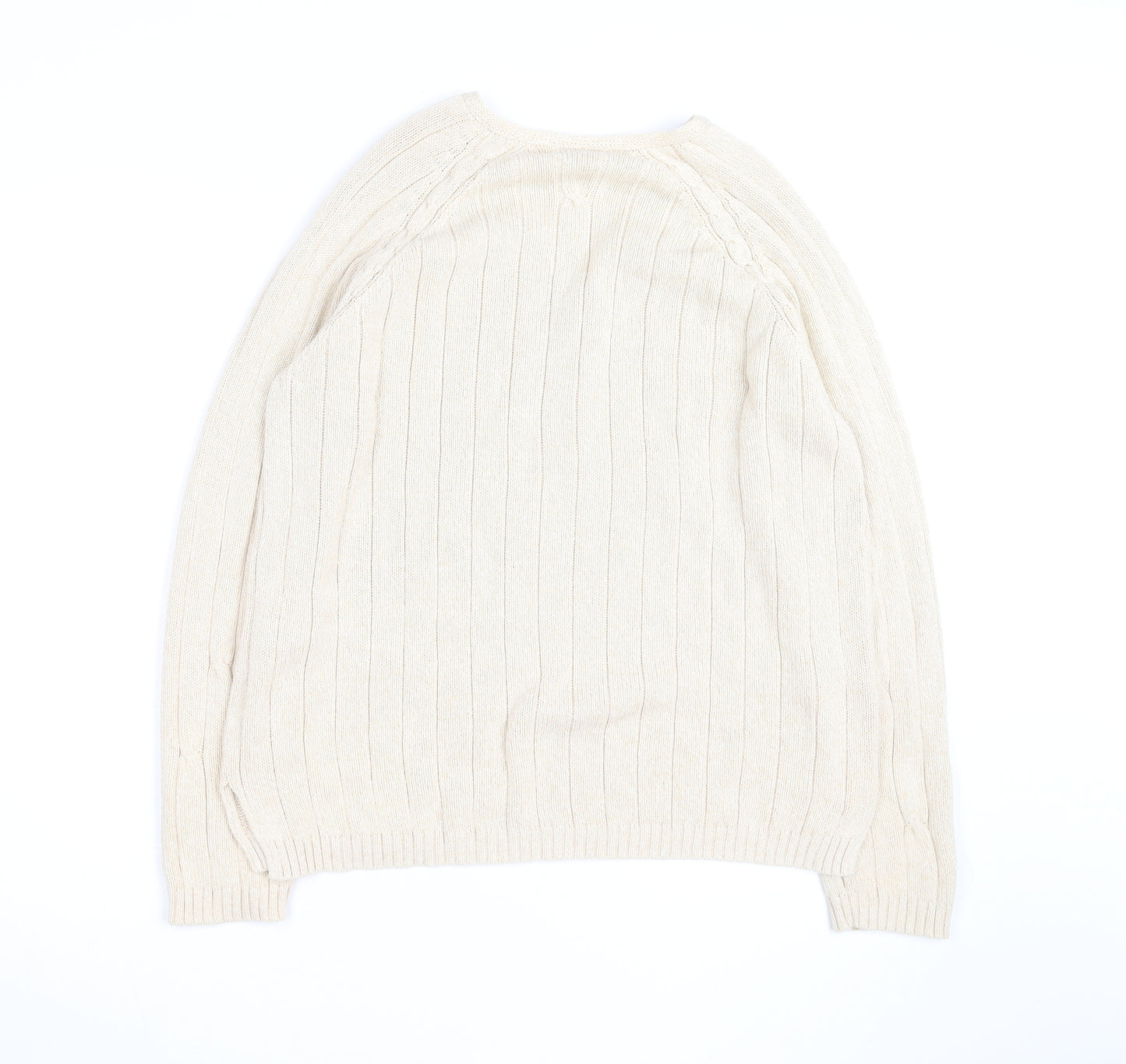 Jumper Men's Beige Cotton V-Neck Cable-Knit Pullover L