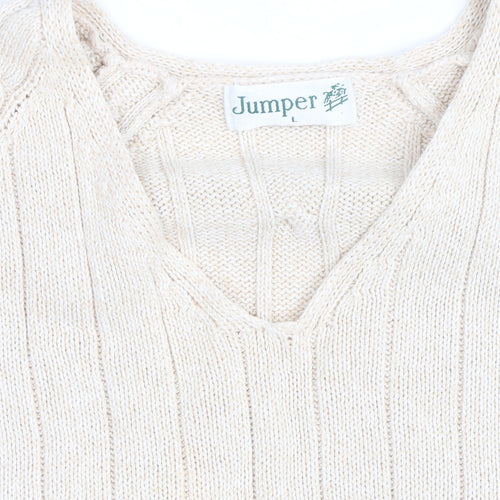 Jumper Men's Beige Cotton V-Neck Cable-Knit Pullover L