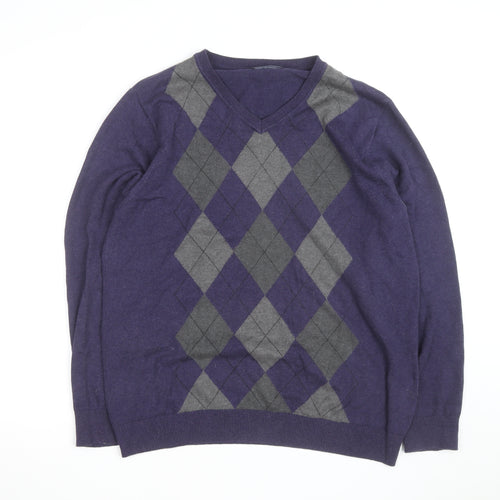 Maine New England Men's Purple Argyle V-Neck Cotton Jumper Medium