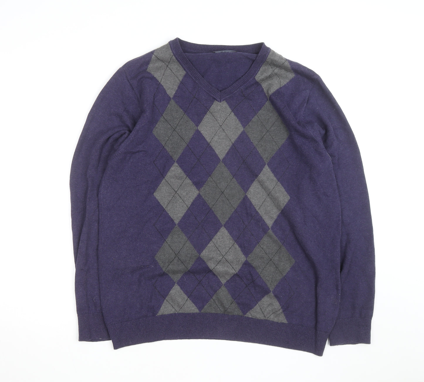 Maine New England Men's Purple Argyle V-Neck Cotton Jumper Medium