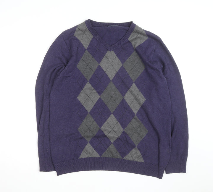 Maine New England Men's Purple Argyle V-Neck Cotton Jumper Medium