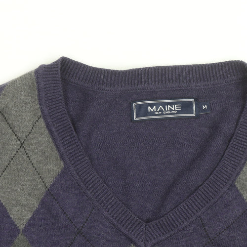 Maine New England Men's Purple Argyle V-Neck Cotton Jumper Medium