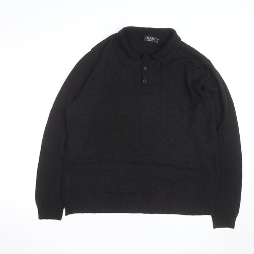 BoohooMAN Men's Black XL Long Sleeve Collared Knit Polo Shirt