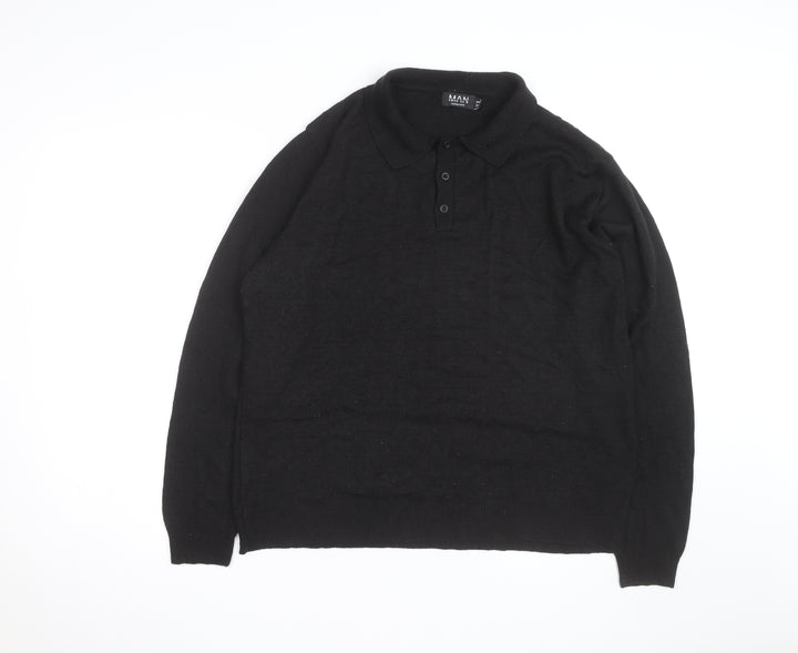 BoohooMAN Men's Black XL Long Sleeve Collared Knit Polo Shirt