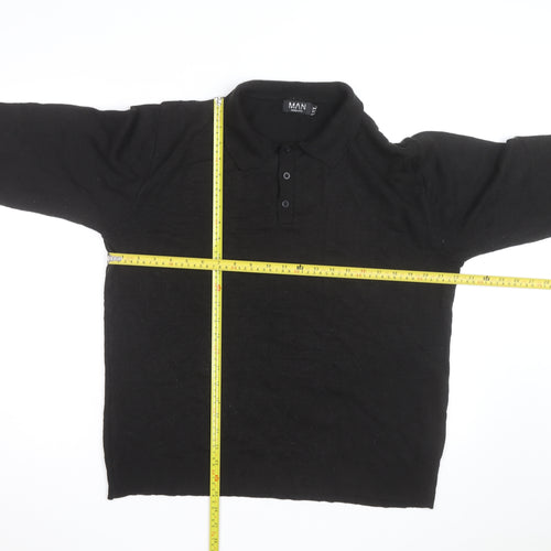 BoohooMAN Men's Black XL Long Sleeve Collared Knit Polo Shirt