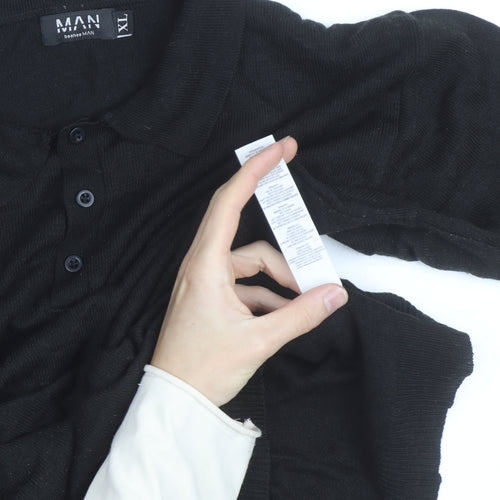 BoohooMAN Men's Black XL Long Sleeve Collared Knit Polo Shirt