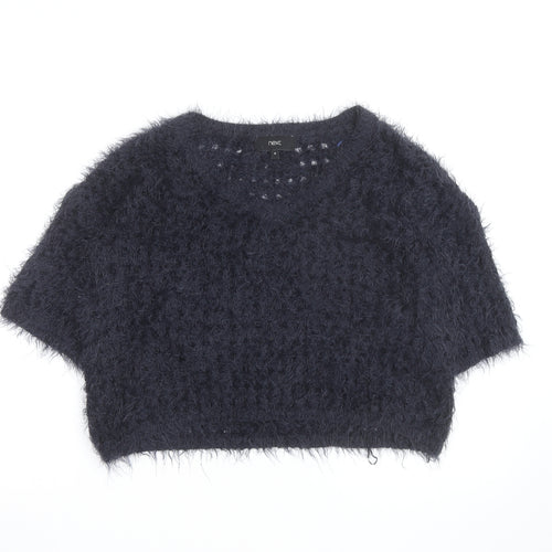 Next Women Navy Fluffy Knit Short Sleeve Pullover Jumper Medium