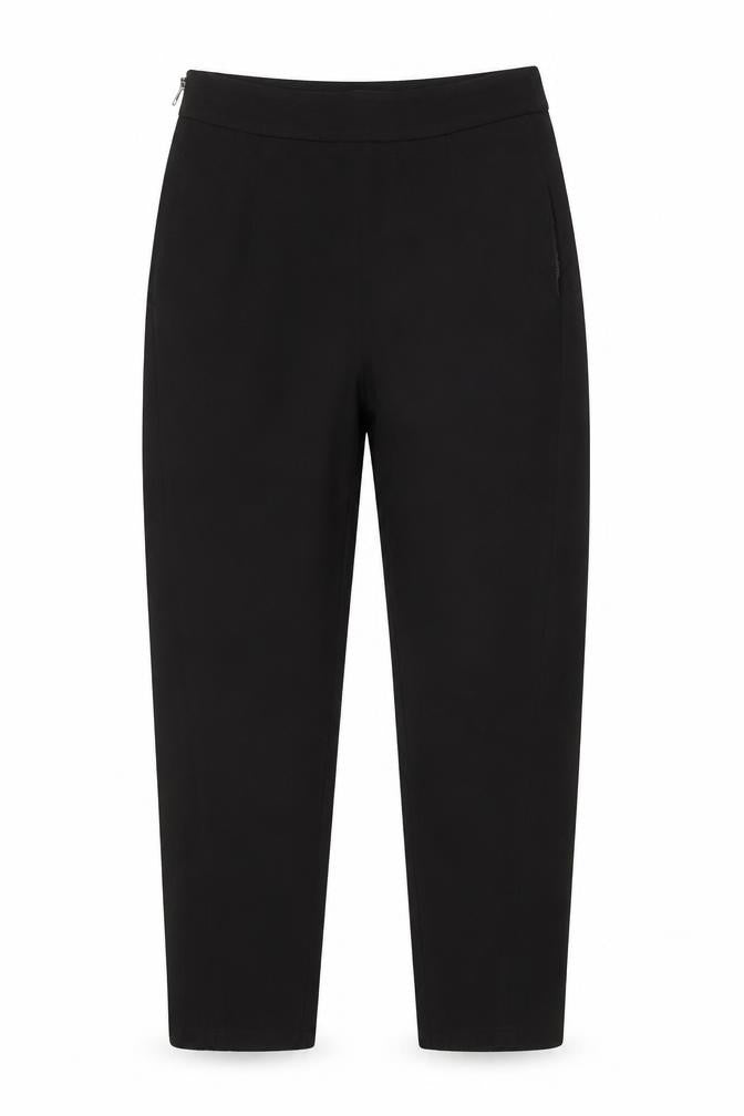 Front view of JCL women’s black ankle tapered stretch zip trousers, size M