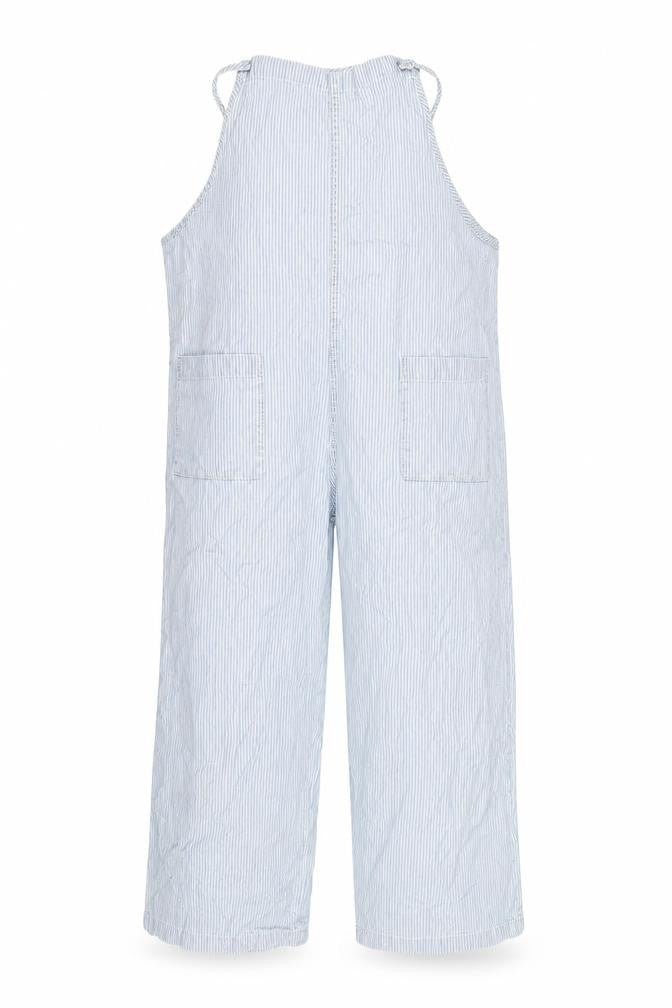 Front view of Monki Women's Blue Striped Wide-Leg Denim Overalls M