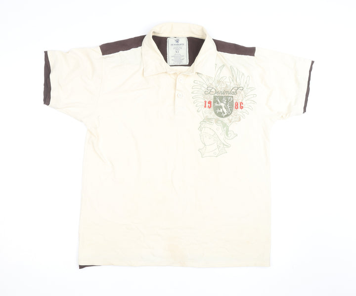 Penshoppe Men's Beige Graphic Polo Shirt XL Slim Fit Casual