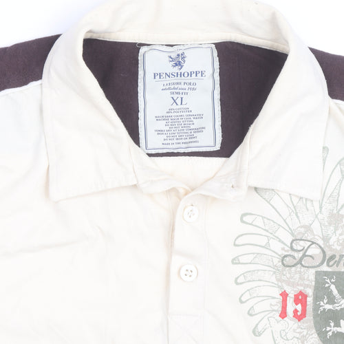 Penshoppe Men's Beige Graphic Polo Shirt XL Slim Fit Casual
