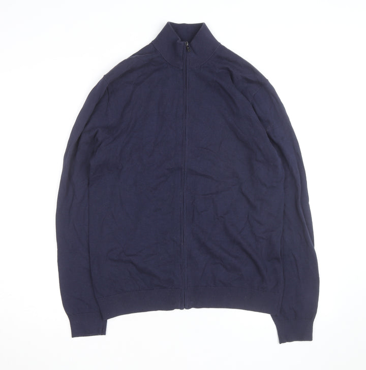 MNG Men’s Blue Full Zip Cotton Jumper Size M Mock Neck