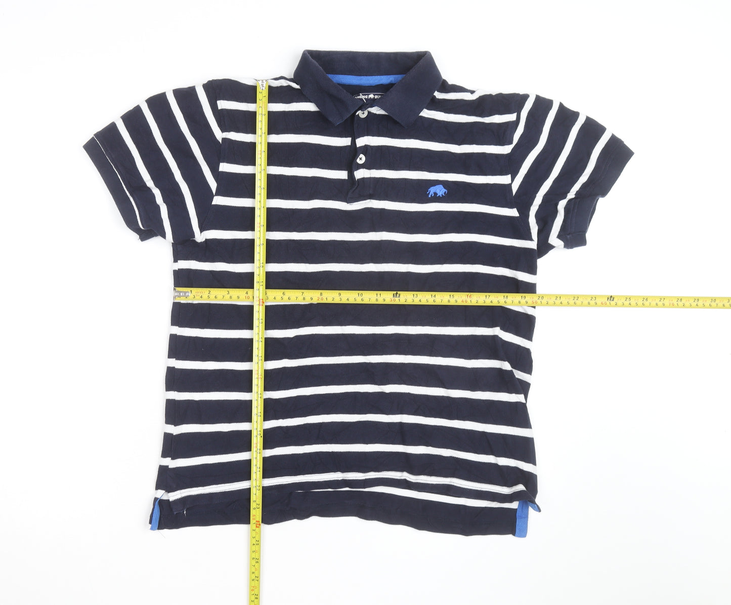 Raging Bull Men's Navy Blue Striped Cotton Polo Shirt Size M