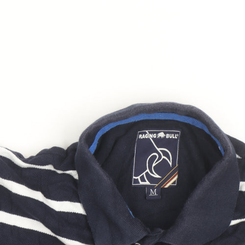 Raging Bull Men's Navy Blue Striped Cotton Polo Shirt Size M